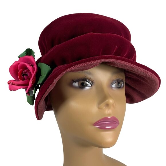Burgundy Red Velvet Floppy Scrunchy Bucket Cloche Hat + Pink Rose Union Made USA - Picture 1 of 7